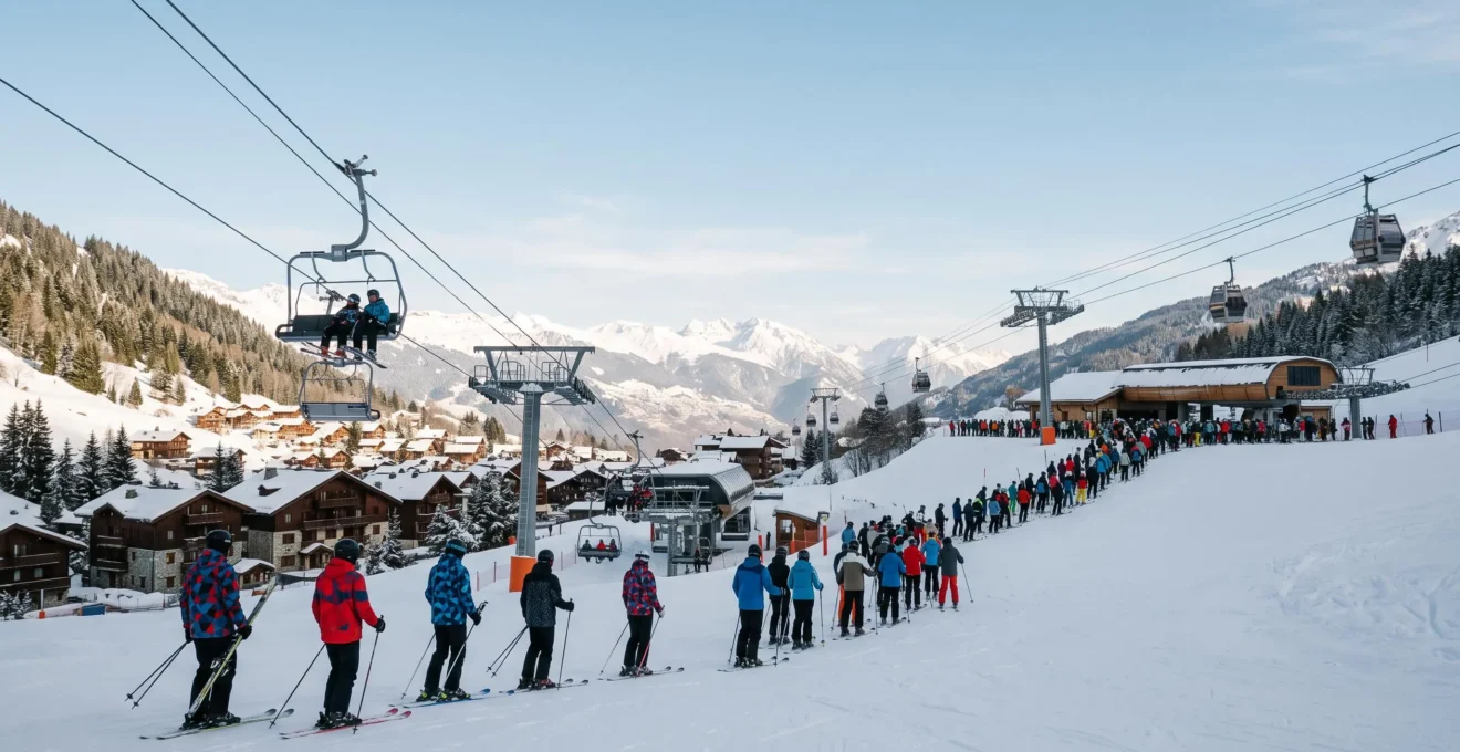 Vue panoramique de skieurs répartis entre plusieurs remontées mécaniques sur un domaine skiable alpin, illustrant une gestion optimisée des flux