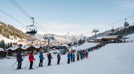 Vue panoramique de skieurs répartis entre plusieurs remontées mécaniques sur un domaine skiable alpin, illustrant une gestion optimisée des flux