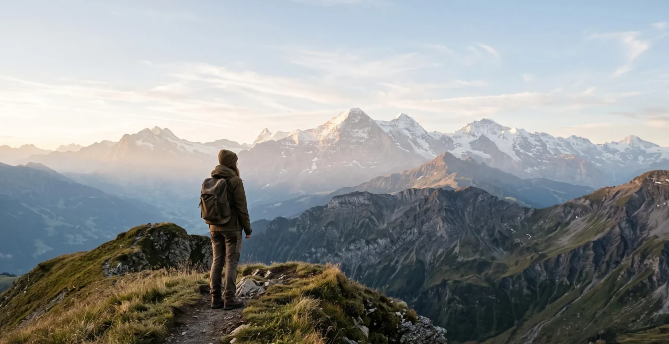 Randonneur contemplant le panorama du Mont-Blanc depuis un sommet des Aravis au-dessus de La Clusaz