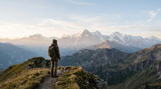 Randonneur contemplant le panorama du Mont-Blanc depuis un sommet des Aravis au-dessus de La Clusaz