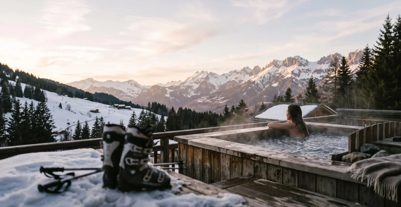 Bassin extérieur fumant face aux sommets enneigés de La Clusaz au coucher du soleil
