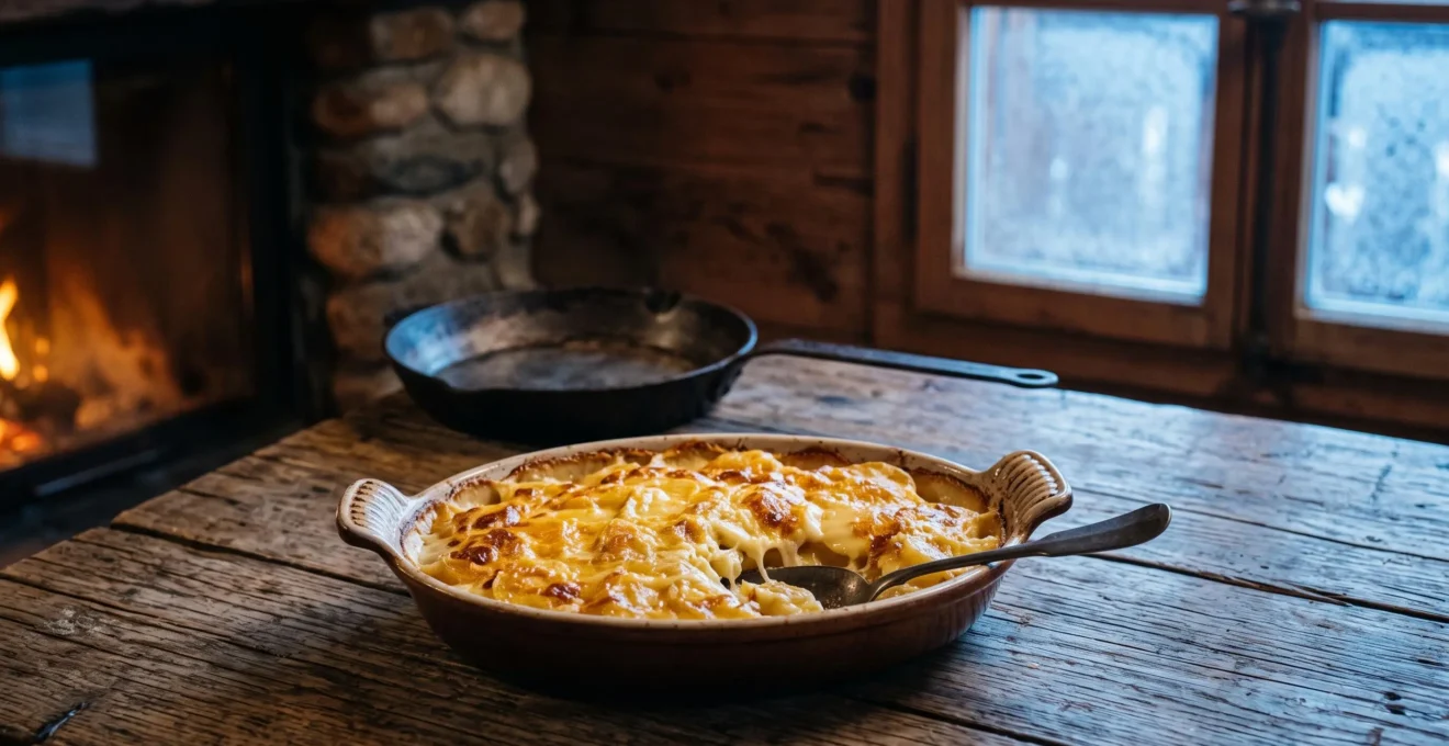 Photographie éditoriale d'un plat de tartiflette au reblochon fondant dans un décor alpin rustique, symbolisant la tension entre tradition et marketing