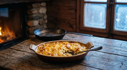 Photographie éditoriale d'un plat de tartiflette au reblochon fondant dans un décor alpin rustique, symbolisant la tension entre tradition et marketing