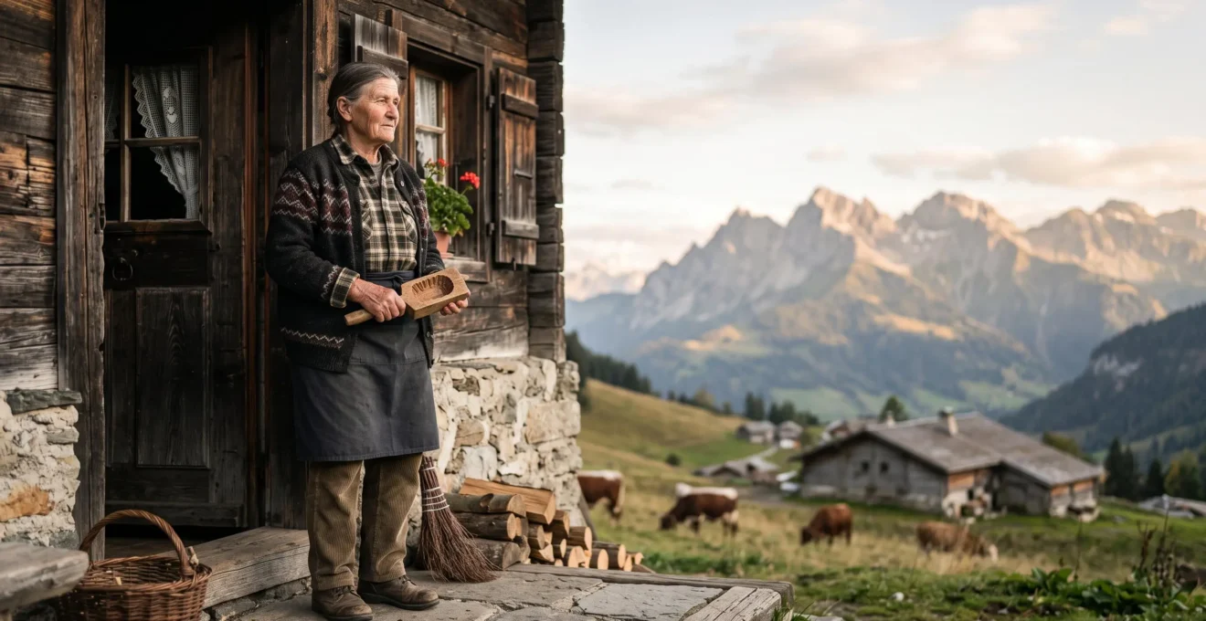 Une habitante de La Clusaz perpétue un geste traditionnel alpin au crépuscule, loin des foules touristiques, dans le massif des Aravis