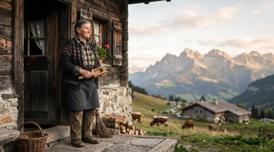 Une habitante de La Clusaz perpétue un geste traditionnel alpin au crépuscule, loin des foules touristiques, dans le massif des Aravis