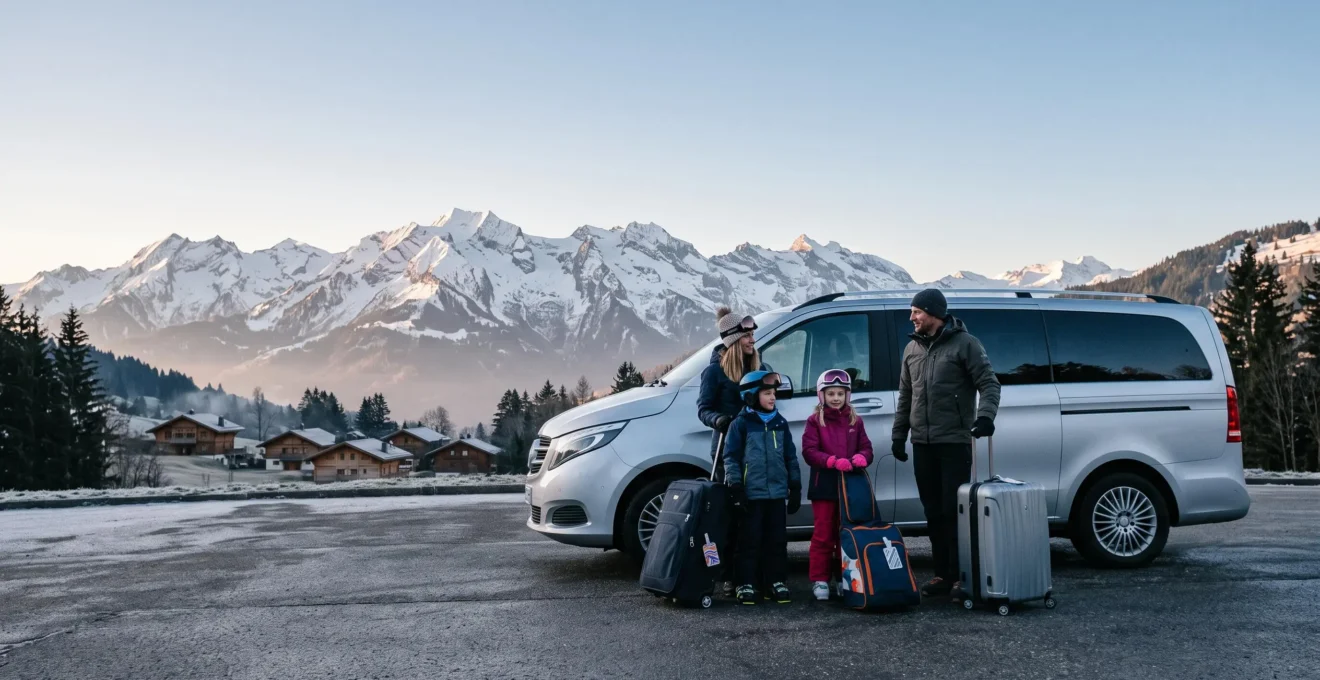 Famille de quatre personnes avec bagages de ski attendant un transfert privé au pied des montagnes enneigées près de La Clusaz