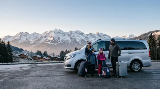 Famille de quatre personnes avec bagages de ski attendant un transfert privé au pied des montagnes enneigées près de La Clusaz