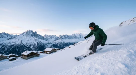 Skieur en pleine transition entre une piste damée et un versant de poudreuse vierge dans un massif alpin, symbolisant le passage du ski alpin classique au freeride