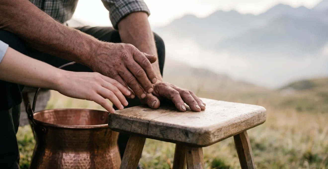 Mains d'un visiteur et d'un éleveur se rencontrant autour d'un geste de traite traditionnelle, dans un alpage de montagne au petit matin