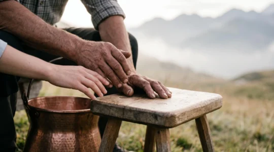 Mains d'un visiteur et d'un éleveur se rencontrant autour d'un geste de traite traditionnelle, dans un alpage de montagne au petit matin