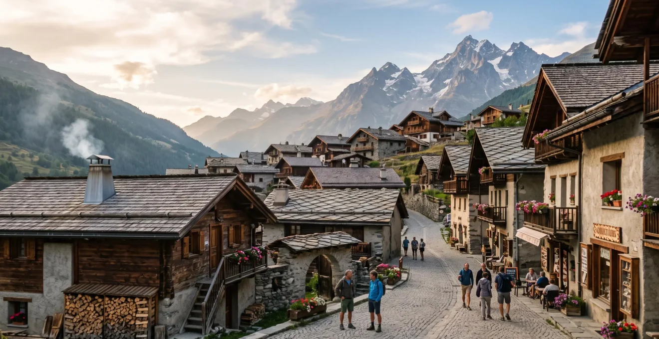 Vue large d'un village alpin traditionnel avec chalets en bois, clocher et montagnes en arrière-plan, ambiance authentique malgré l'affluence touristique