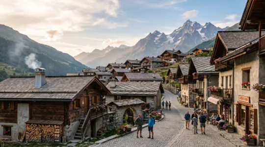 Vue large d'un village alpin traditionnel avec chalets en bois, clocher et montagnes en arrière-plan, ambiance authentique malgré l'affluence touristique