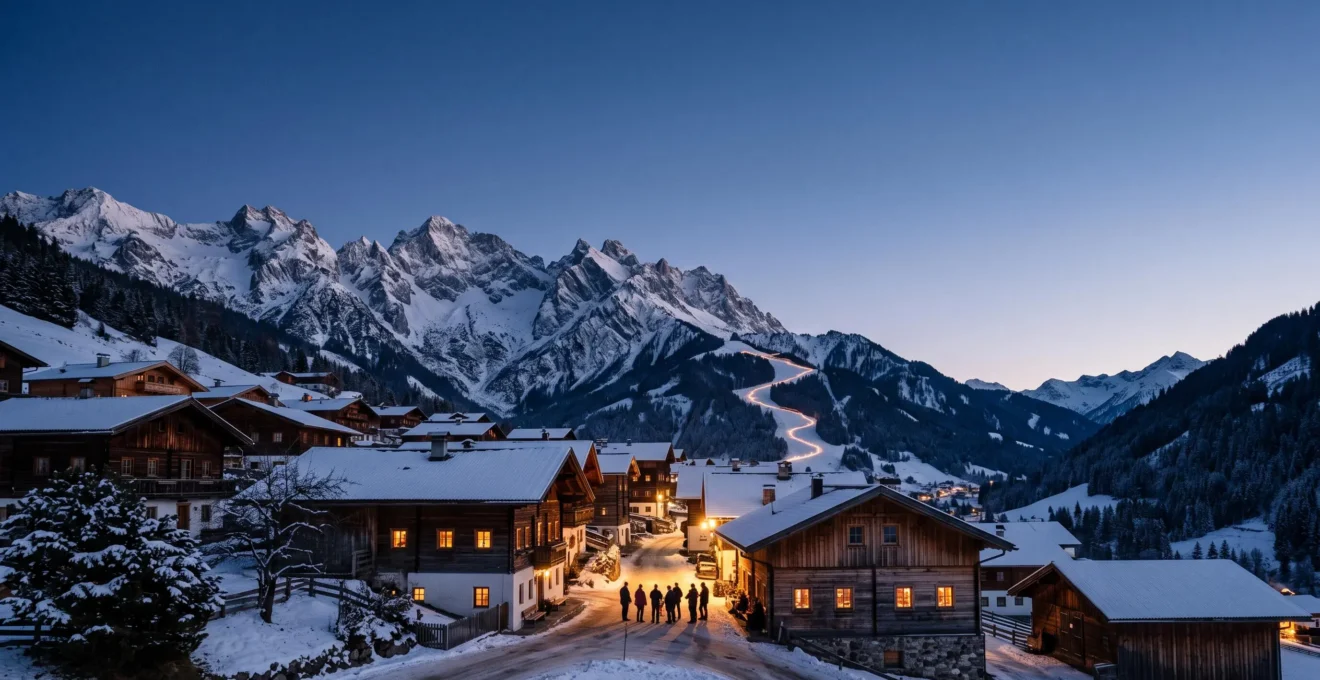 Village alpin savoyard illuminé au crépuscule avec ambiance festive de montagne, sans texte ni enseigne lisible