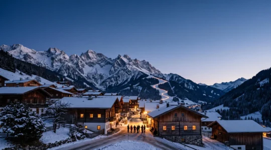 Village alpin savoyard illuminé au crépuscule avec ambiance festive de montagne, sans texte ni enseigne lisible